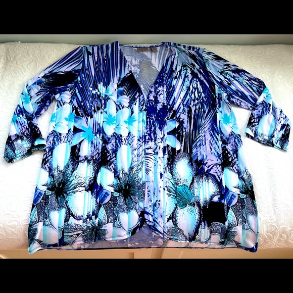 Chico’s Easywear Relaxed Fit Drape Jacket Tropical Print in Blues Size 2 (M) EUC - Picture 6 of 8